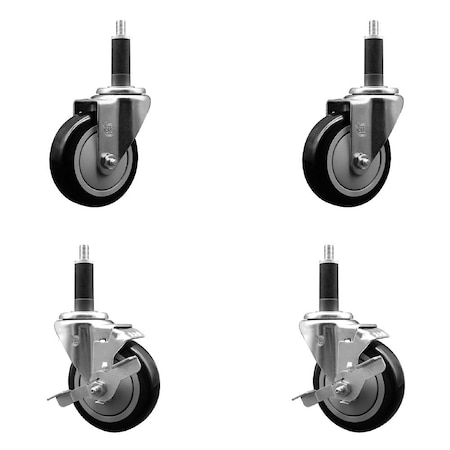 Service Caster 4'' Black Poly Wheel Swivel 1'' Expanding Stem Caster Set 2 Brakes, 4PK SCC-EX20S414-PPUB-BLK-2-TLB-2-1